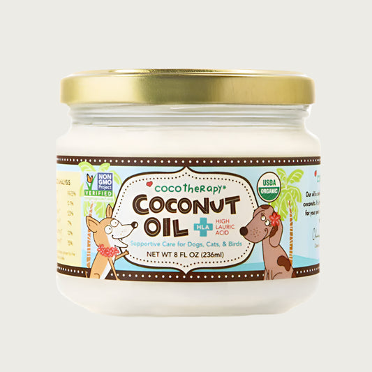 8 oz clear glass jar of Cocotherapy Coconut Oil. High lauric acid. Supportive care for dogs, cats & birds. USDA Organic, Non-GMO Project Verified.