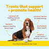 Pure Hearts Banana Brulee Treat text-focused graphic, with basset hound dog in middle of image. Headline reads: Treats that support + promote health! Ingredients & benefits are then broken down. Coconut oil - healthy immune system, coconut nectar - increase energy, banana - supports healthy blood sugar, buckwheat - heart health, coconut - bowel health + healthy skin & coat. 