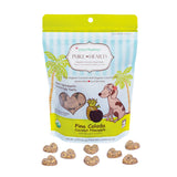 5 oz blue and lime green bag of CocoTherapy Pure Hearts Pina Colada organic coconut dog treats. Made with coconut & coconut oil. Grain-free, gluten free. USDA organic, made in USA. Sample of treats in front of bag are brown, heart-shaped, and nickel sized.
