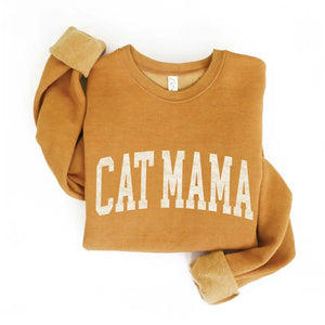 Mustard yellow crew neck sweatshirt, with Cat Mama on chest in large, varsity style, white text.