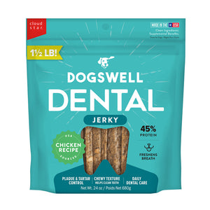24 oz teal bag of Dogswell Dental Jerky Chicken Recipe treats for dogs. 45% protein, freshens breath. Plaque & tartar control, chewy texture helps clean teeth, daily dental care. USA sourced chicken. Clean ingredients, supplemental benefits.