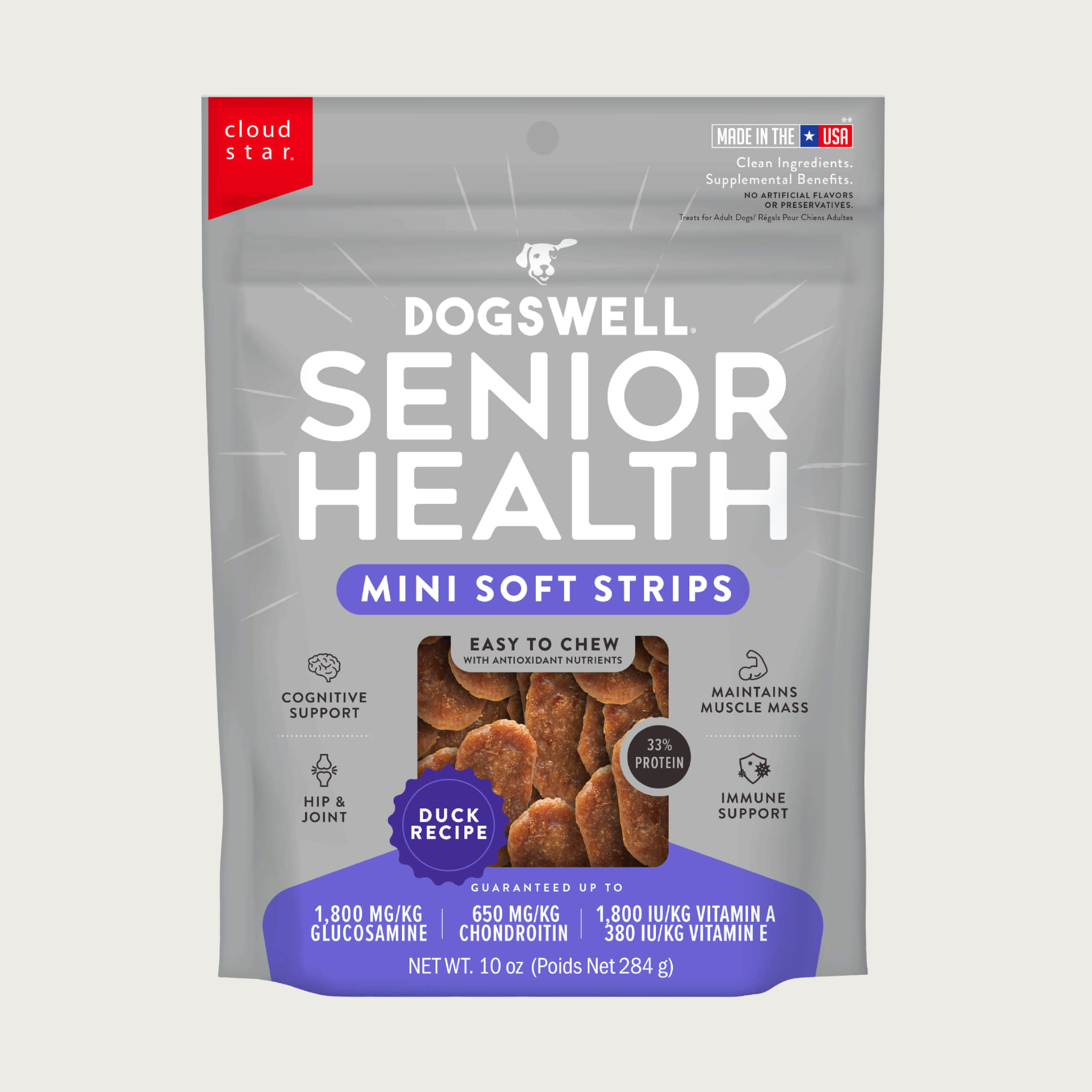 Gray bag of Dogswell Senior Health Mini Soft Strips Duck Recipe. Easy to chew; with antioxidant nutrients. 