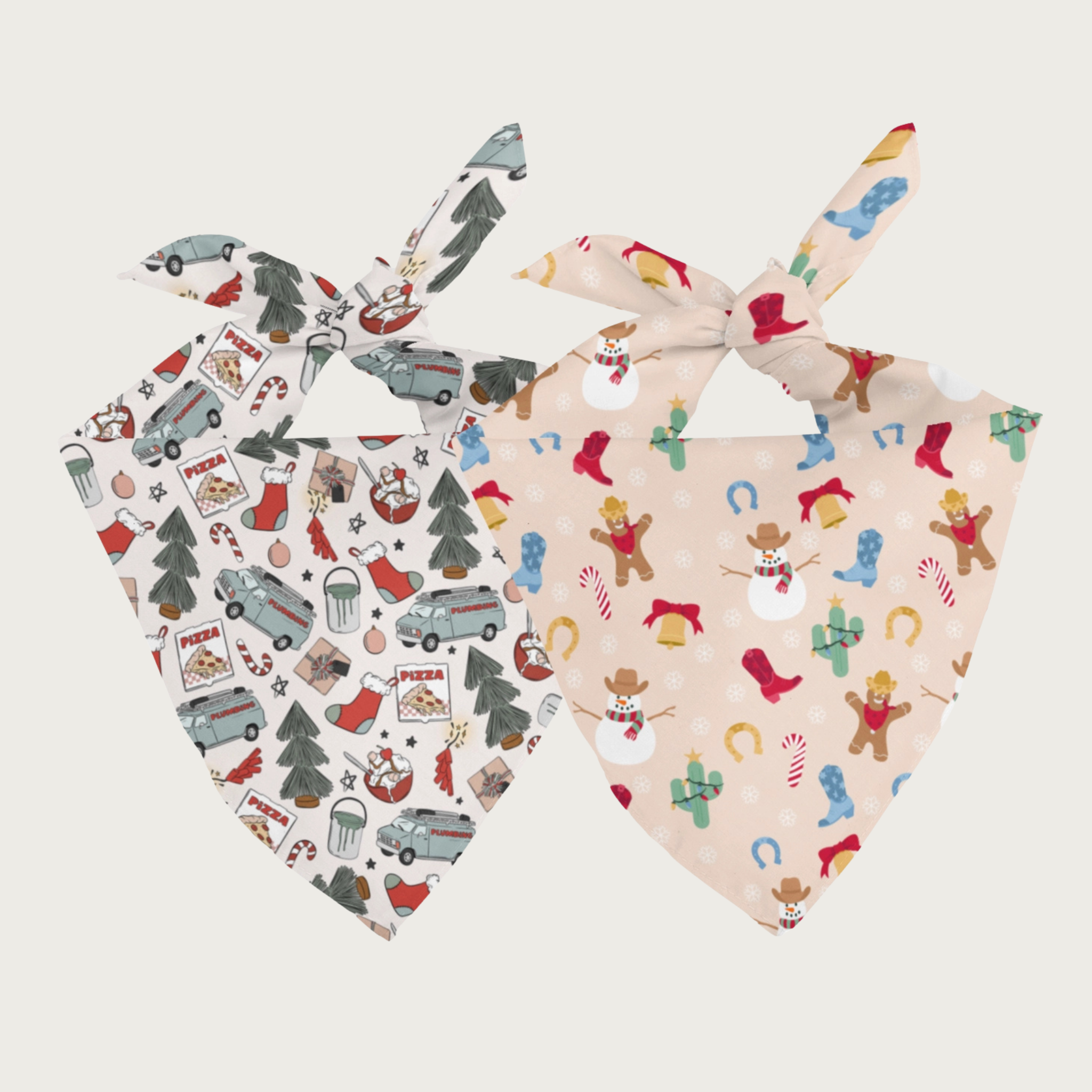 Two sides of the same dog bandana, shown side by side. The background color on the first side is white, and it features illustrated icons seemingly from the holiday movie "Home Alone" (bowl of ice cream, dripping paint can, pizza box, work van, Christmas tree, etc). The background color on the other side is beige, and various Christmas-themed icons are given a Southwestern flair with cowboy boots, cowboy hats, cacti, etc.