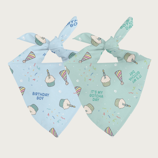 Two sides of the same dog bandana, shown side by side. Both feature the same imagery-illustrated cupcakes and party hats with tiny white paw prints and multi colored streamers on the background. On the left is the light blue side that has "Birthday Boy" text, on the right is the light green side that has "It's My Gotcha Day" text.