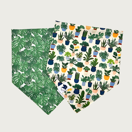 Two sides of the same dog bandana, shown side by side. One side has a dense monstera leaf pattern, the other has assorted house plants in pot designs on a white background.
