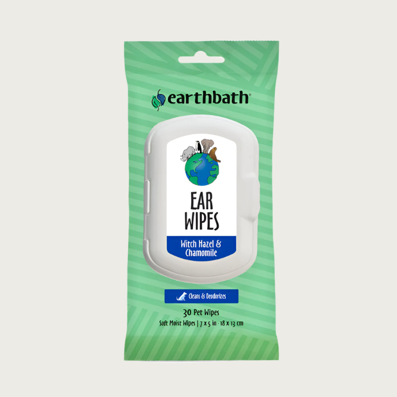 Green pouch with plastic clip lid, of Earthbath ear wipes with witch hazel & chamomile. Cleans & deodorizes. 30 soft moist wipes, measuring 7 x 5 in.