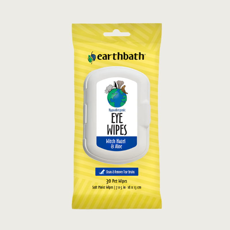 Yellow pouch with plastic clip lid, of Earthbath hypoallergenic eye wipes with witch hazel & aloe. Cleans & removes tear stains. 30 soft moist wipes, measuring 7 x 5 in.