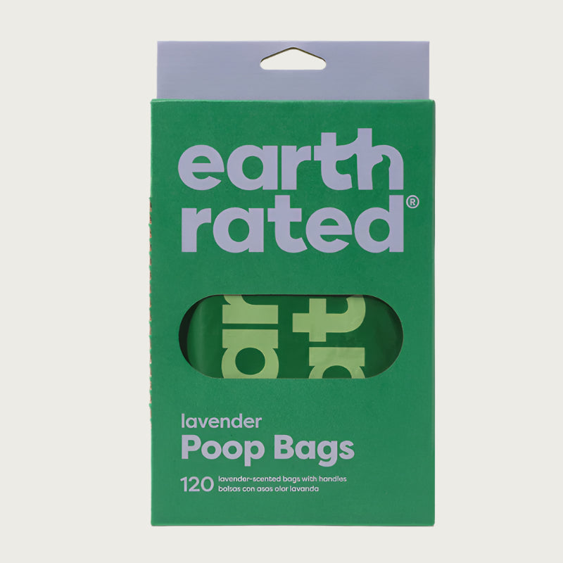 Green cardboard box with lavender accents, of Earth Rated lavender poop bags with handles. 120 ct.