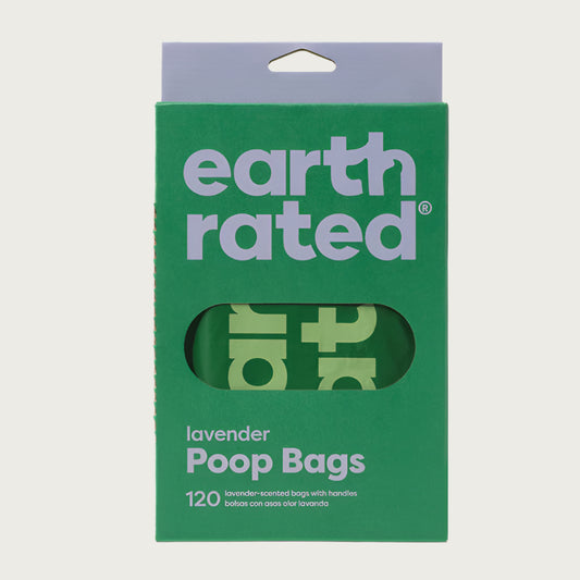 Green cardboard box with lavender accents, of Earth Rated lavender poop bags with handles. 120 ct.