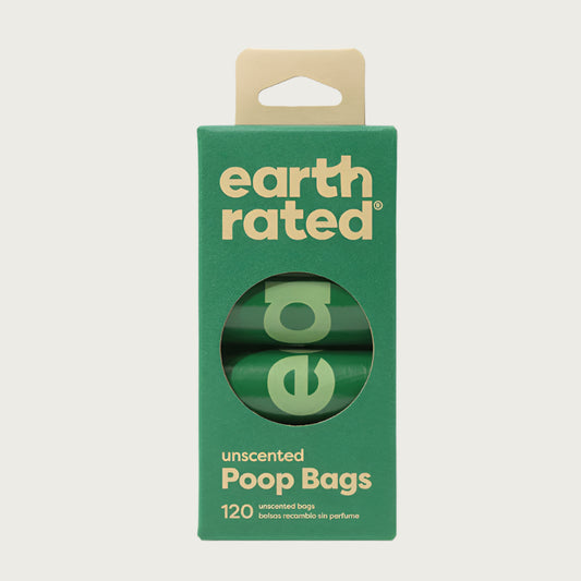 Green cardboard box of Earth Rated 120 unscented poop bags.