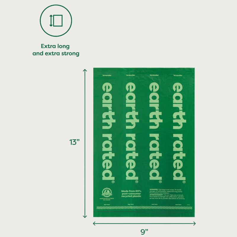 Single green poop bag with dimensions: 13" x 9". Extra long and extra strong.