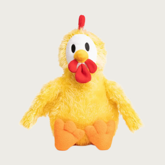 Front view of the chicken toy with plump, bright yellow body & wings. It has orange feet, a red plume on its head and red wattle under its chin; with a white face, black embroidered eyes and orange beak.