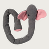 View of this toy in a coil, not knotted. Dark gray, snake-like dog toy with an elephant head with pink inner ears (gray exterior ears) and cute face. Tail end of the toy is tipped in pink, like a snout.