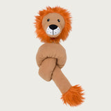 Tan, snake-like dog toy with a lion head with bright orange furry mane and cute face. Tail end of the toy has a large tuft of bright orange furry fluff. Toy is tied in a knot.