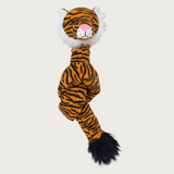 Orange with black stripes, snake-like dog toy with a tiger head with white furry mane and cute face. Tail end of the toy has a large tuft of black furry fluff. Toy is tied in a knot.