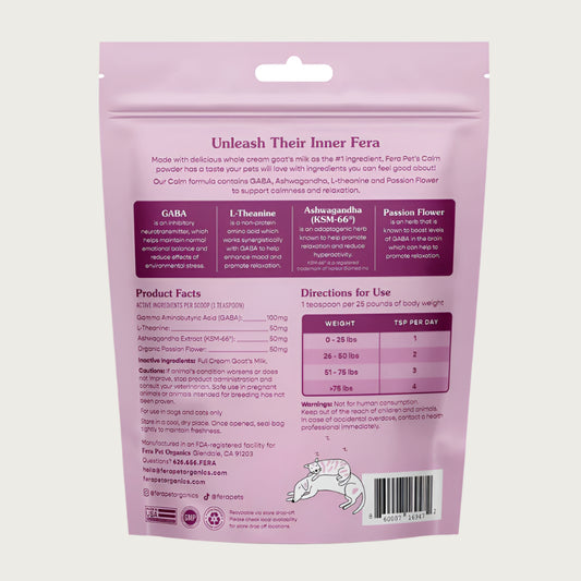 Back view of the bag of Fera Pets Calm powder. It provides additional information on product ingredients and directions for use.