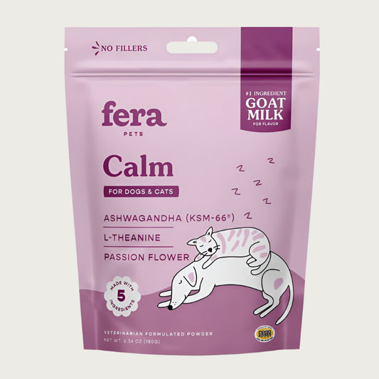 Two-toned purple bag of Fera Pets Calm powder. Veterinarian created. Made with 5 ingredients: goat milk, GABA, ashwagandha (KSM-66), L-Theanine, Passion Flower. For dogs & cats.
