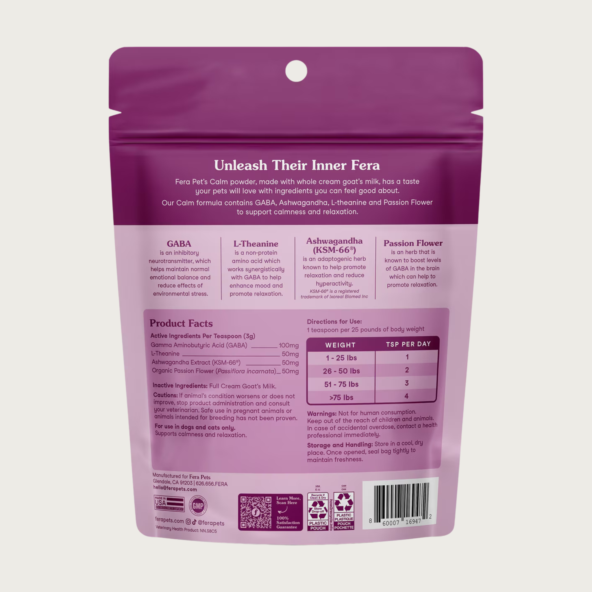 Back view of the bag of Fera Pets Calm powder. It provides additional information on product ingredients and directions for use.