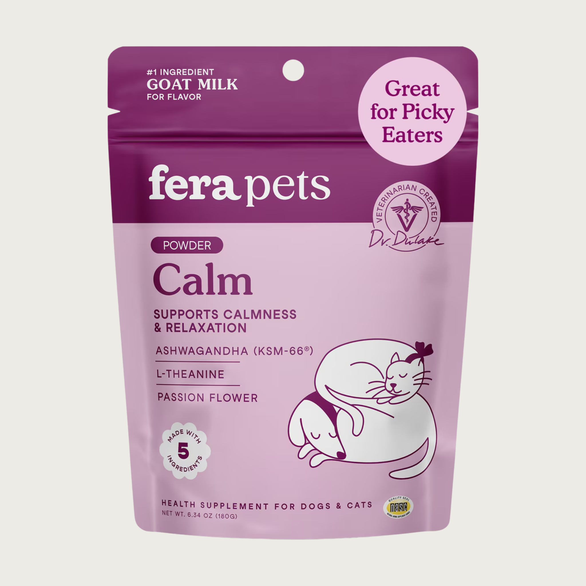 Two-toned purple bag of Fera Pets Calm powder. Veterinarian created. Made with 5 ingredients: goat milk, GABA, ashwagandha (KSM-66), L-Theanine, Passion Flower. Health supplement for dogs & cats. Great for picky eaters. #1 ingredient-goat milk for flavor. Net Wt. 6.34 oz.