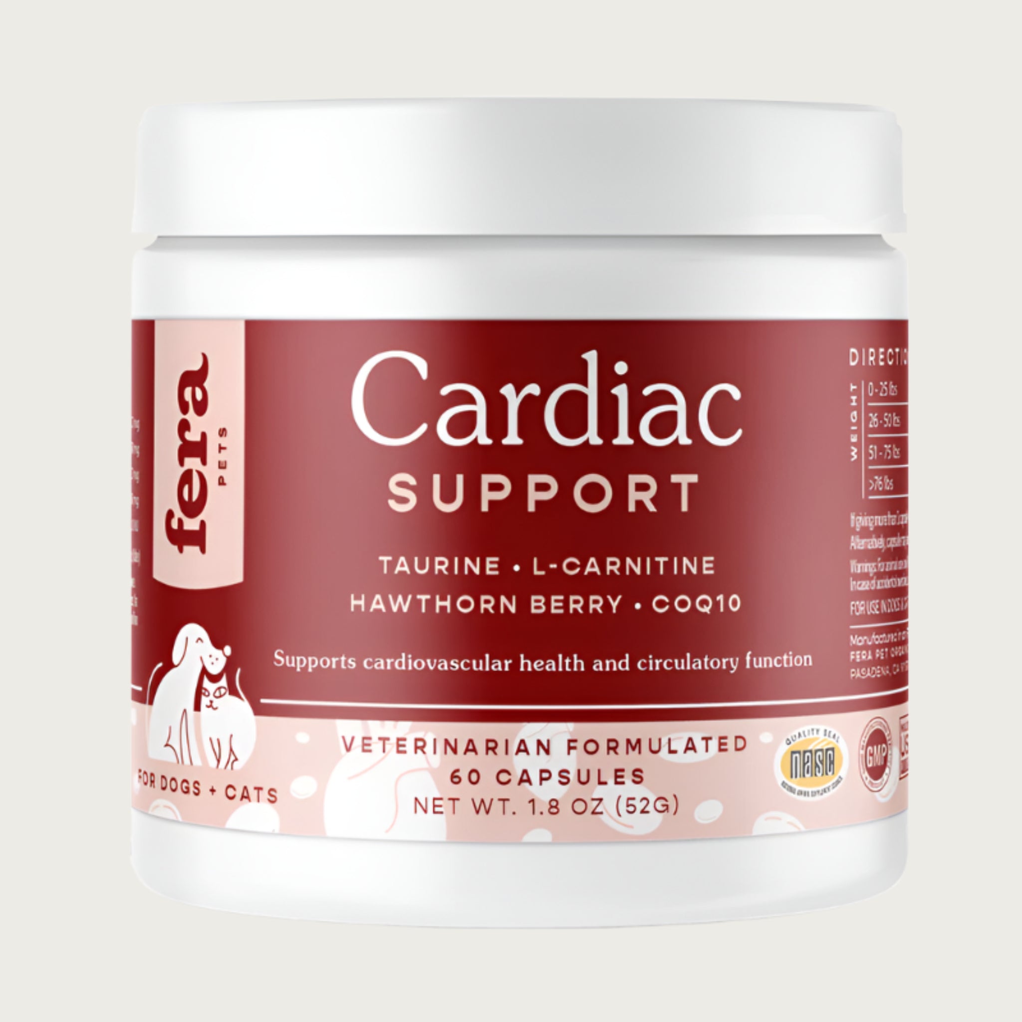 A white plastic container with burgundy label, of Fera Pets Cardiac Support. Supports cardiovascular health and circulatory function. For Dogs & Cats. Veterinarian formulated. 60 capsules.
