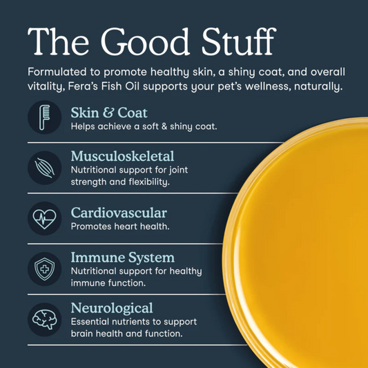 Text-heavy graphic explaining the benefits of the product, with a saucer of the oil shown on the right side. Skin & coat: helps achieve a soft & shiny coat. Musculoskeletal: nutritional support for joint strength and flexibility. Cardiovascular: promotes heart health. Immune system: nutritional support for healthy immune function. Neurological: essential nutrients to support brain health and function. 