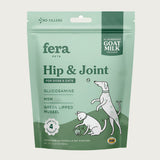 Two-toned green bag of Fera Pets Hip & Joint powder. Veterinarian created. Made with 4 ingredients: goat milk, glucosamine, MSM, and green lipped mussel. For dogs & cats.