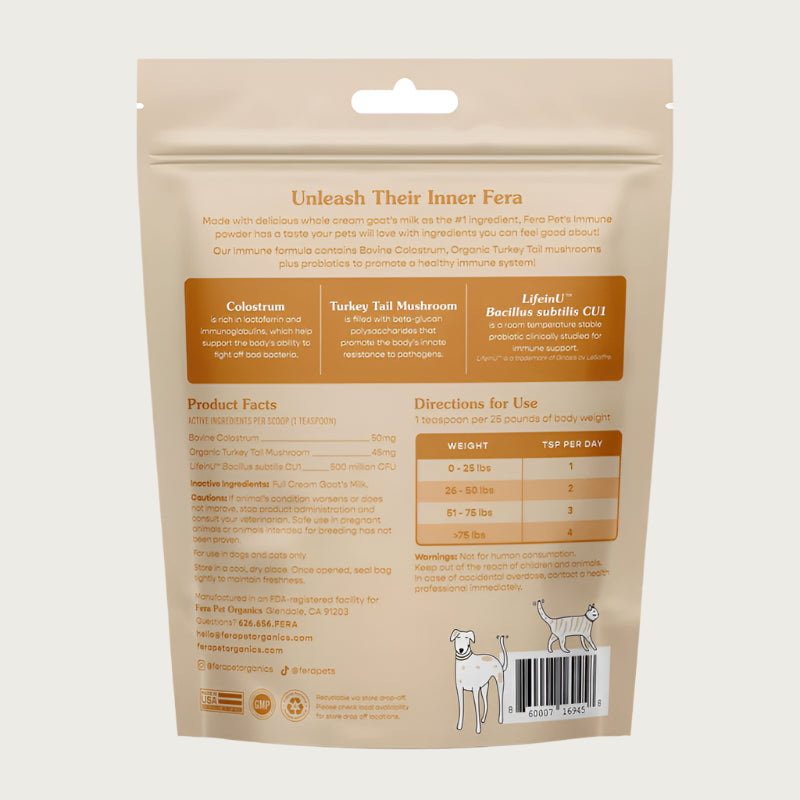 Back view of the bag of Fera Pets Immune powder. It provides additional information on product ingredients and directions for use.