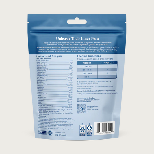Back view of the bag of Fera Pets Multivitamin powder. It lists full guaranteed analysis and feeding directions.