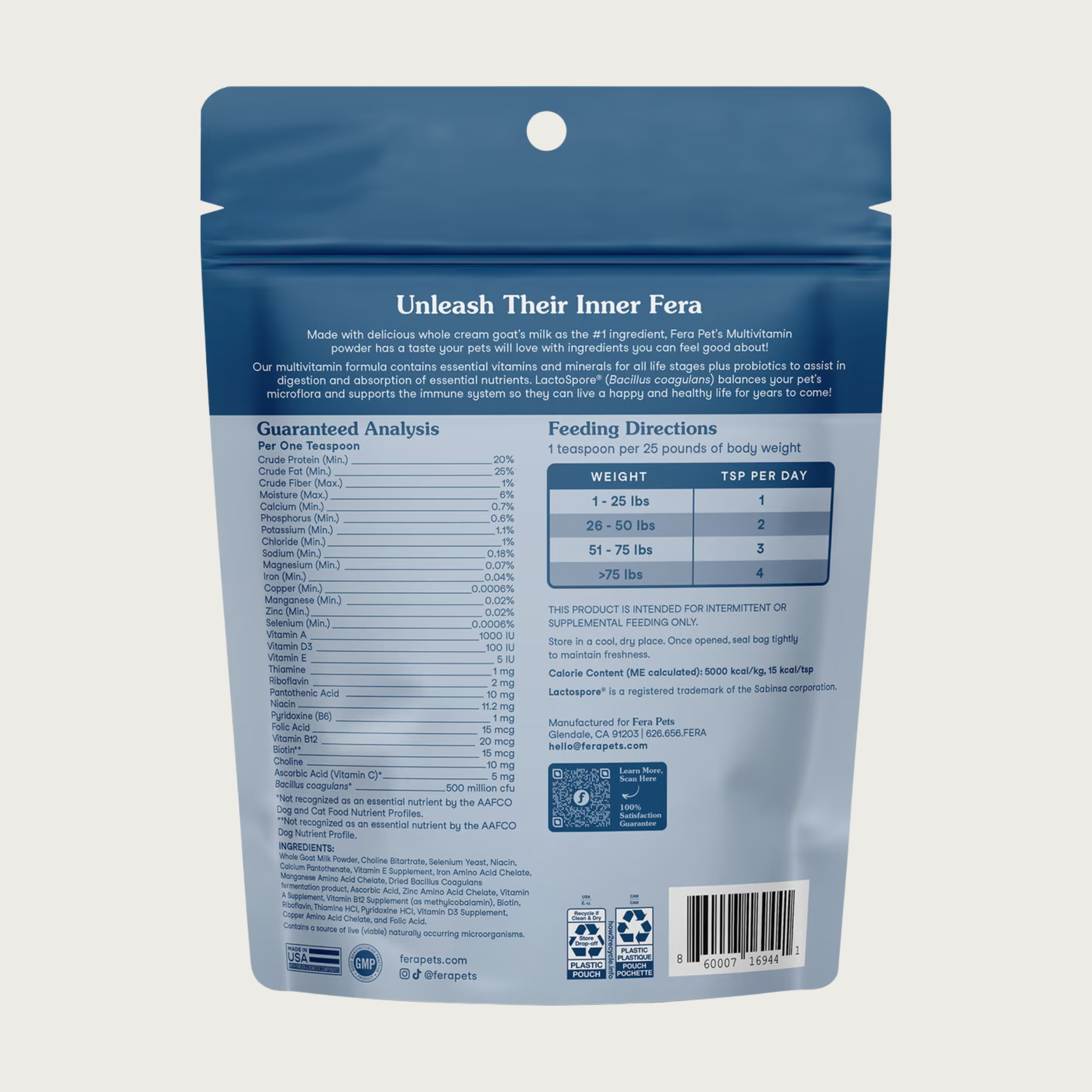 Back view of the bag of Fera Pets Multivitamin powder. It lists full guaranteed analysis and feeding directions.