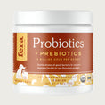 Load image into Gallery viewer, A white plastic container with burnt orange colored label, of Fera Pets Probiotics + Prebiotics. 5 Billion CFUs per scoop. Twelve strains of good bacteria to support digestive health in one flavorless powder. For Dogs & Cats. Veterinarian formulated. Net wt. 2.5 oz.
