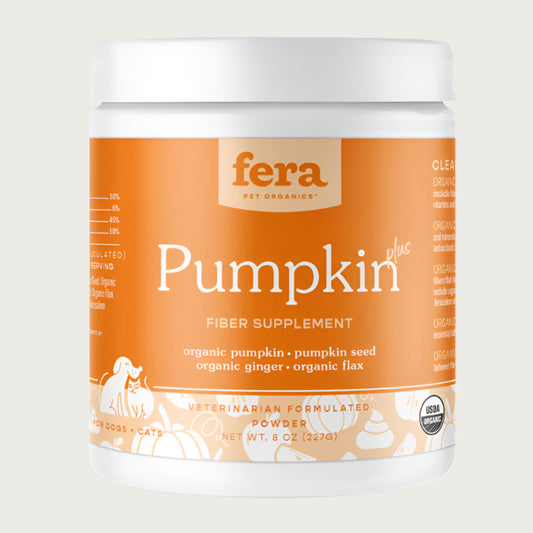 A white plastic container with orange label, of Fera Pets Pumpkin Plus Fiber Supplement. For Dogs & Cats. USDA Organic. Veterinarian formulated powder.