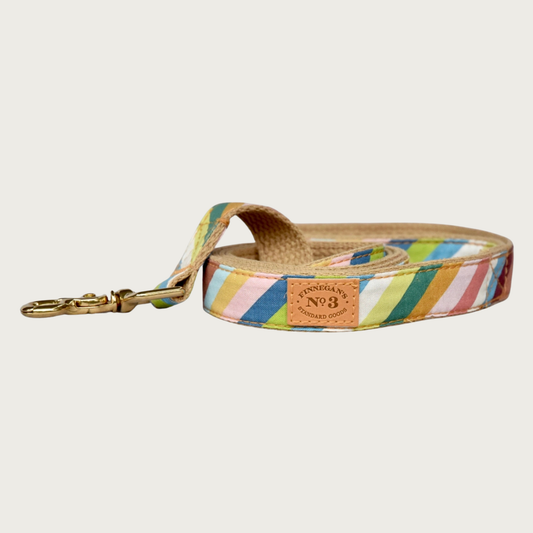 Dog leash with a colorful, diagonal striped pattern, in numerous shades of muted blues, greens, browns, pinks, and ivory. Has a tan cotton underside and brass claw-style clasp. 