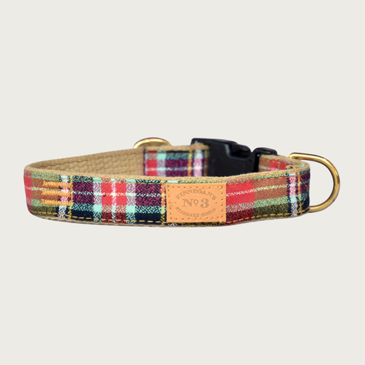 Modern holiday-themed plaid dog collar in bright shades of coral red, lime green, light blue, deep navy, and white.