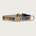 Load image into Gallery viewer, Plaid dog collar that's primarily navy blue & white, with brick red and yellow accents.
