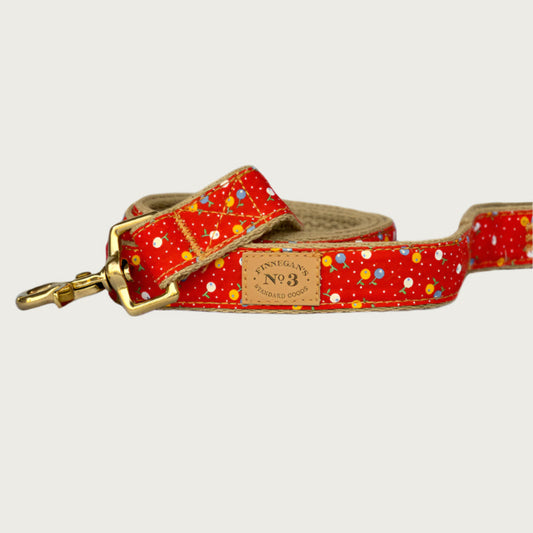 Bright red dog leash with small, scattered tiny blooms in light blue, yellow and white (they look like tiny balloons), with tiny white polka dots on the background.
