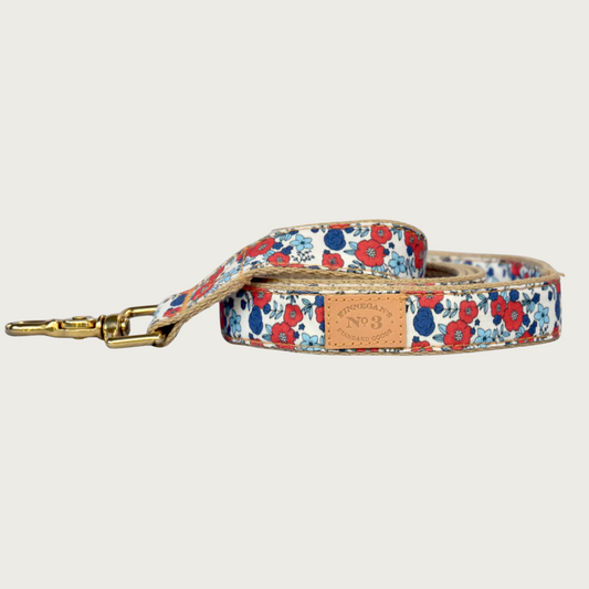 Red and blue floral patterned dog collar with a brass claw-style clip.