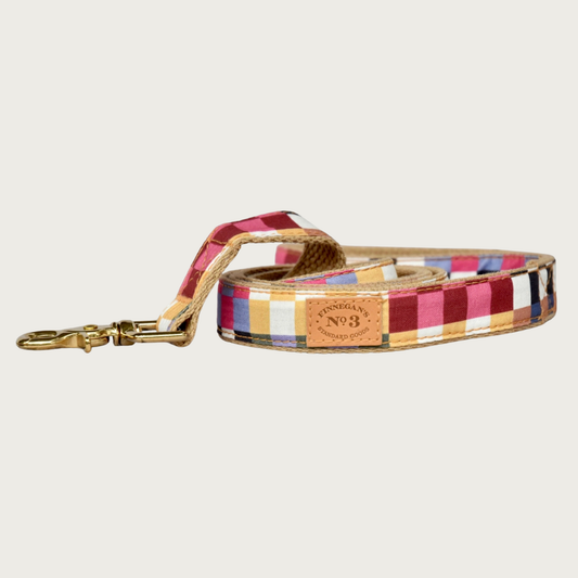 Dog leash with an uneven, checkered pattern, formed by blocks of different checkered color combinations; pink/lavender, black/white, burgundy/pink, yellow/white, and more. Has a tan cotton underside and brass claw-style clip.