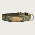 Load image into Gallery viewer, Dog collar in shades of olive green, with a brownish, floral medallion shaped pattern.
