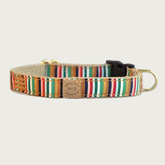 Dog collar with narrow vertical stripe pattern, with rich, saturated colors.