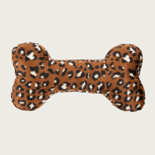 Chestnut brown leopard print bone-shaped dog toy. The two-toned leopard spots are black & white.
