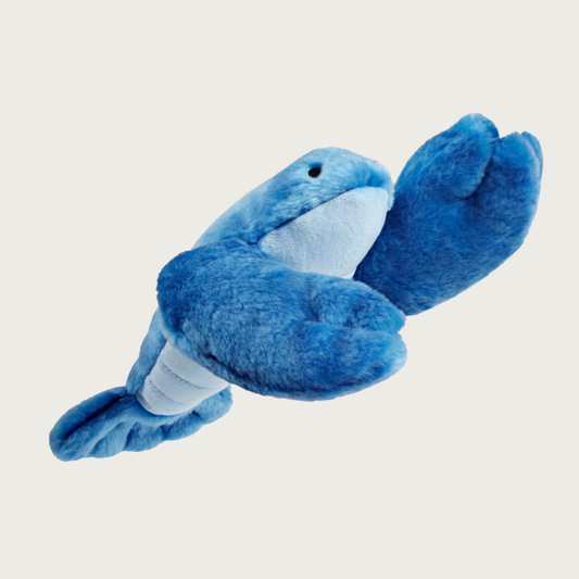 Plush lobster dog toy, angled to show its large front pincers. Its body is royal blue with a light blue belly, and it has a scalloped tail.