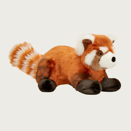 Plush Archie Red Panda dog toy from Fluff & Tuff. Toy has a copper colored head & body, with cream & copper striped tail, and dark brown legs. Its face has more detail, with cream ears & brown inner ears, and raccoon-like brown "mask" on its face. Brown & black eyes with black nose.