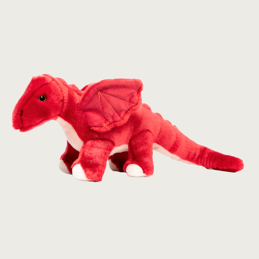 Red plush dragon dog toy with long tail and wings.