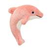 Pale coral pink plush Gisele Mini Dolphin dog toy from Fluff & Tuff. Toy is curved (like a dolphin in mid-leap) and has a white belly and blue eyes.