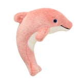 Pale coral pink plush Gisele Mini Dolphin dog toy from Fluff & Tuff. Toy is curved (like a dolphin in mid-leap) and has a white belly and blue eyes.