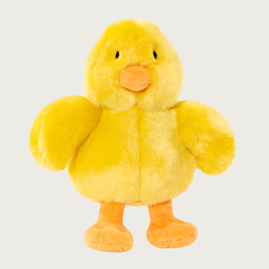 Plush Howie Duck dog toy from Fluff & Tuff. Toy looks like a cartoon baby duck, with yellow body and wings, with pale orange beak and feet.