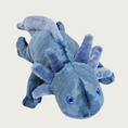 Load image into Gallery viewer, Light navy blue colored axolotl plush dog toy, laying on its stomach with 4 legs outstretched. It has 3 "gills" on each side of its head (looks like antlers or ears), and a long tail that starts on the mid-back.
