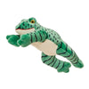 Plush Oliver Frog dog toy from Fluff & Tuff. Toy is mid-leap with legs extended, and has a green body and legs with ivory chin and belly. Its head and back have black dots and its legs have black stripes. It has yellow and black eyes.