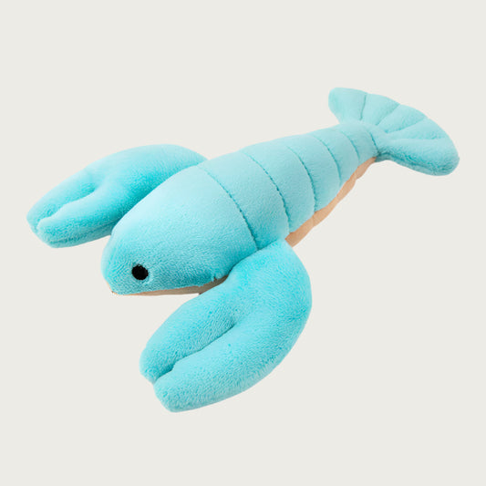Aqua blue plush Rachel Mini Lobster dog toy from Fluff & Tuff. Toy has a tan belly and black eyes.