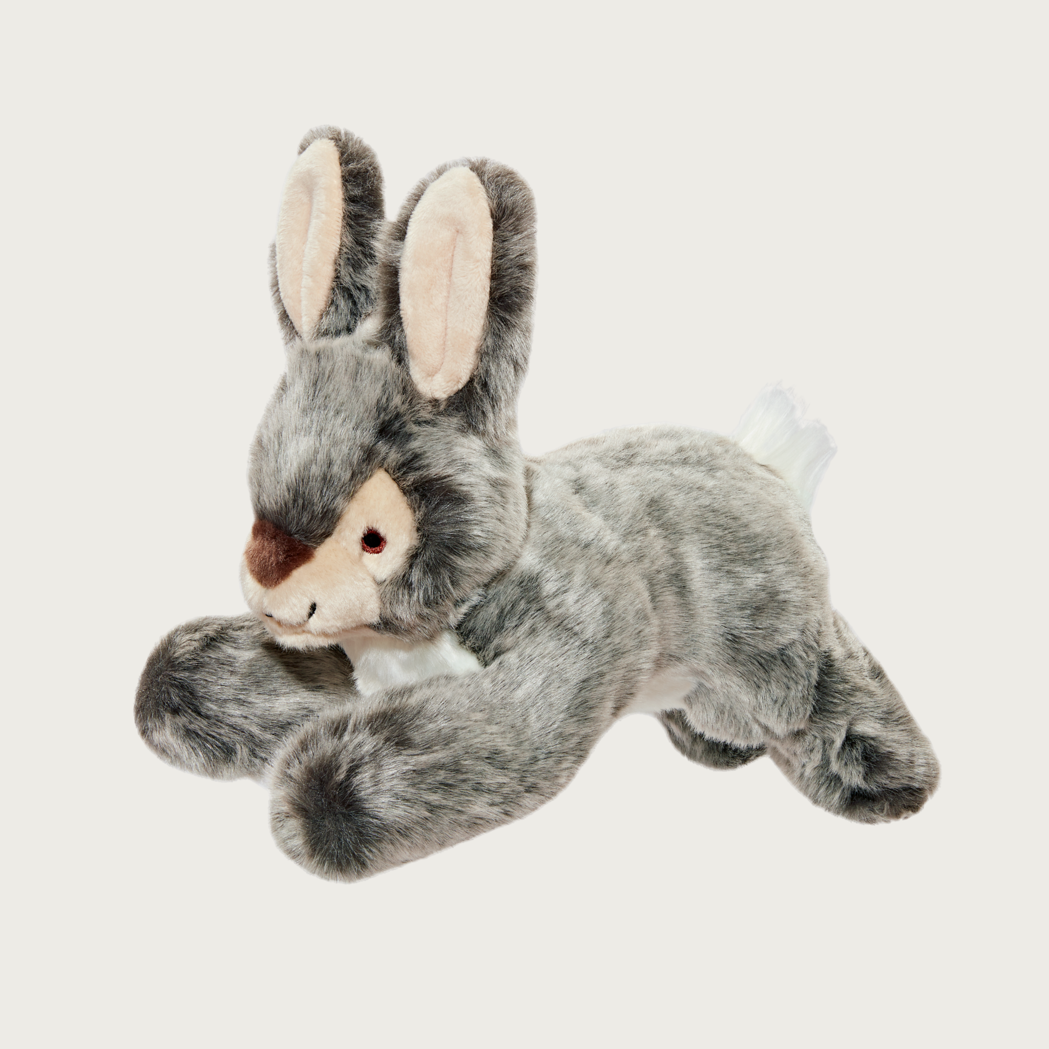 Plush rabbit dog toy with multi-toned gray faux fur, in an outstretched position. 